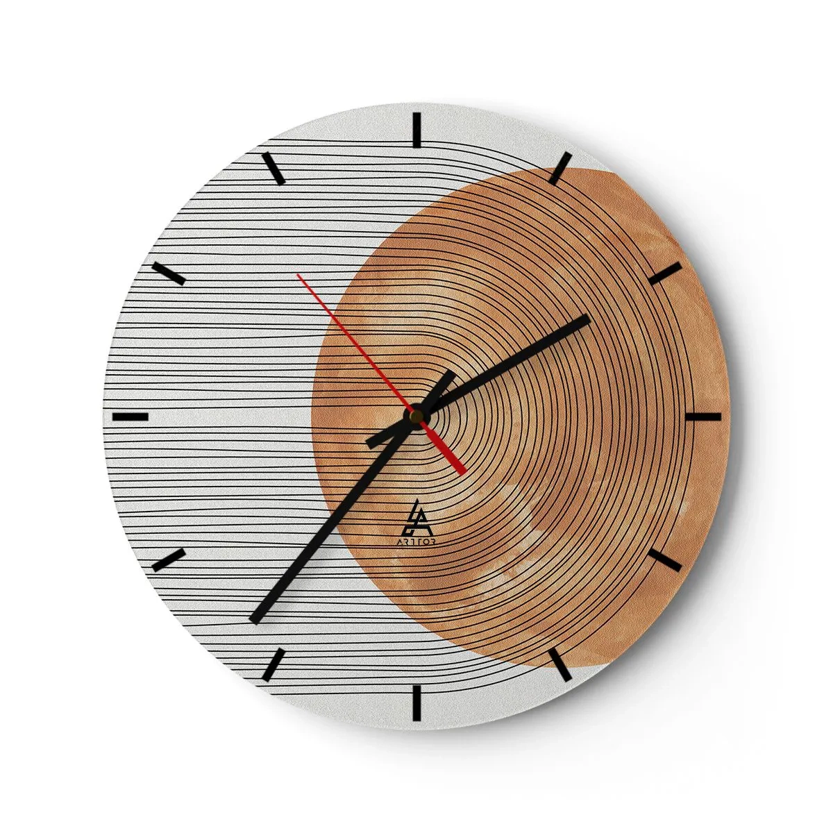 Falióra, Óra - Fa és vonalak világos háttéren geometrikus harmóniában - 30x30cm - Egy napsütéses kompozíció - Modern fali dekoráció nappalihoz, konyhához és hálószobához ARTTOR