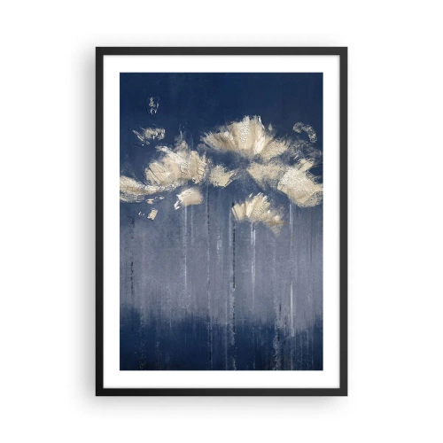 Poszter fehér keretben - Arany absztrakt virágok mély sötétkék háttéren - 50x70cm - Mint szirmok a szélben - Modern fali dekoráció nappalihoz és hálószobához ARTTOR