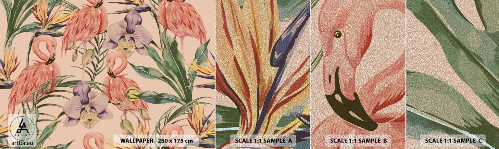 Fotótapéta Minta Premium Sand - Rózsaszín balett a virágokban - Madár, Flamingó, Dzsungel - 100x30 cm