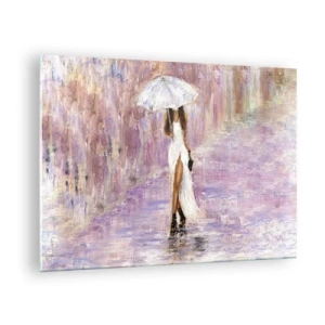 Üveg kép - Egy esernyős nő alakja egy orgonális esős jelenetben - 70x50cm - A liliomos esőben - Modern fali dekoráció nappalihoz és hálószobához ARTTOR