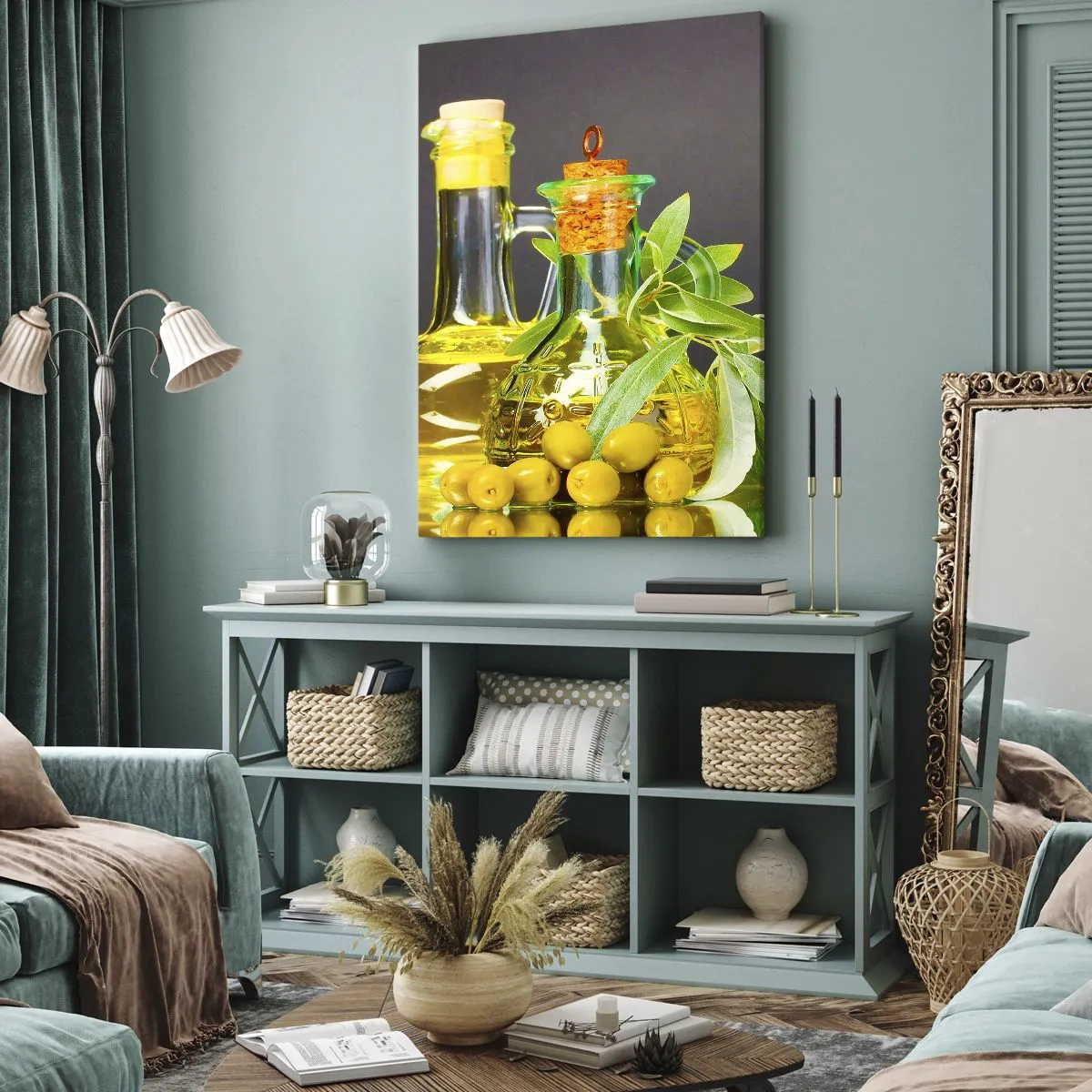 Vászonkép - Csendélet olívabogyóval és olívaolajjal - 45x80 cm