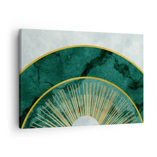 Vászonkép - Absztrakt minta smaragdzöld és arany színű körökkel. - 70x50cm - Egy másik naprendszer - Modern fali dekoráció nappalihoz és hálószobához ARTTOR