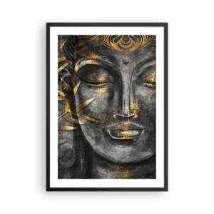 Poszter fehér keretben - Buddha portréja arany ragyogással és bambuszlevél elemekkel - 50x70cm - Érezd a nyugalmat - Modern fali dekoráció nappalihoz és hálószobához ARTTOR