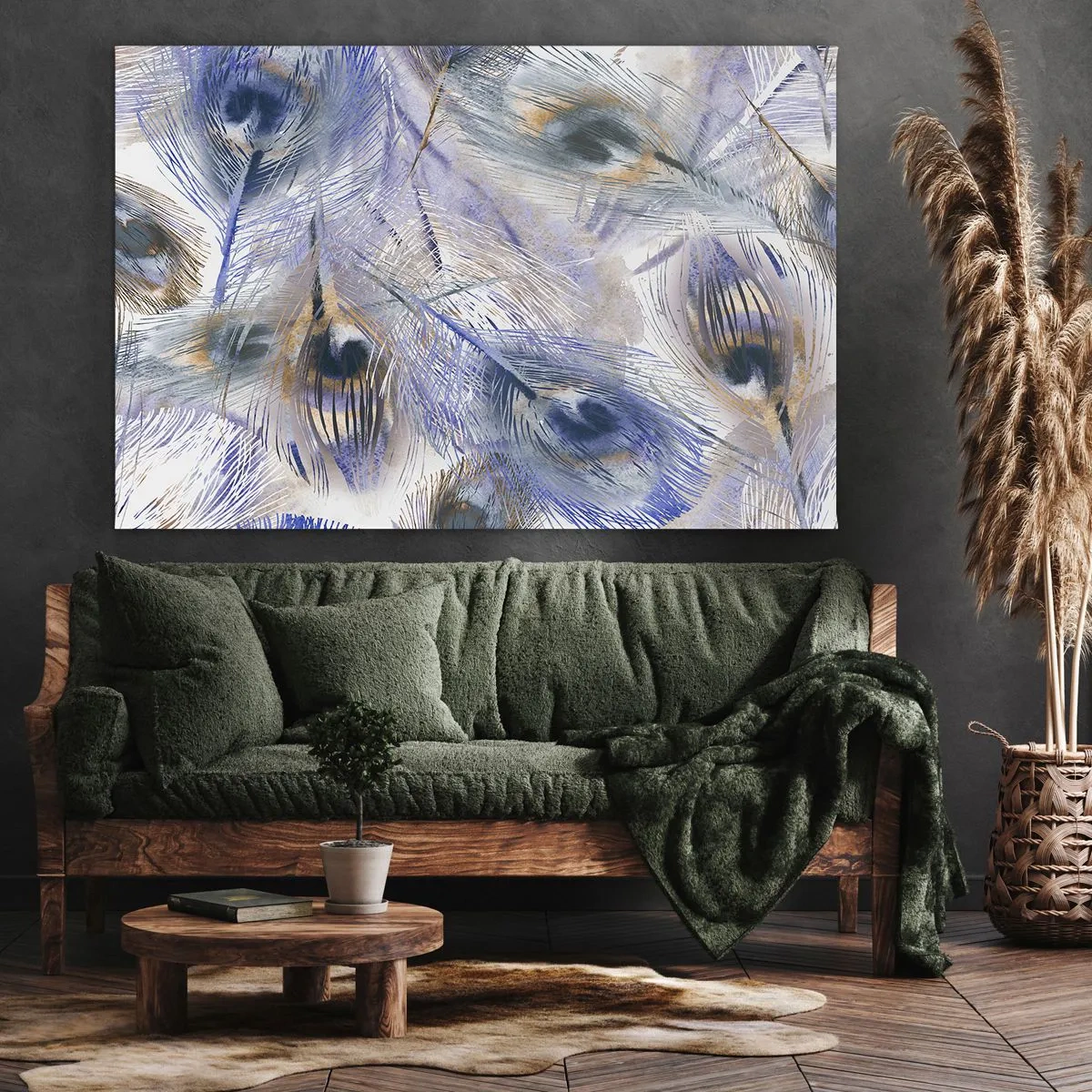Vászonkép - Pávatollal díszített minta kék és arany árnyalatokban - 70x50cm - Pávaszem kompozíció - Modern fali dekoráció nappalihoz és hálószobához ARTTOR