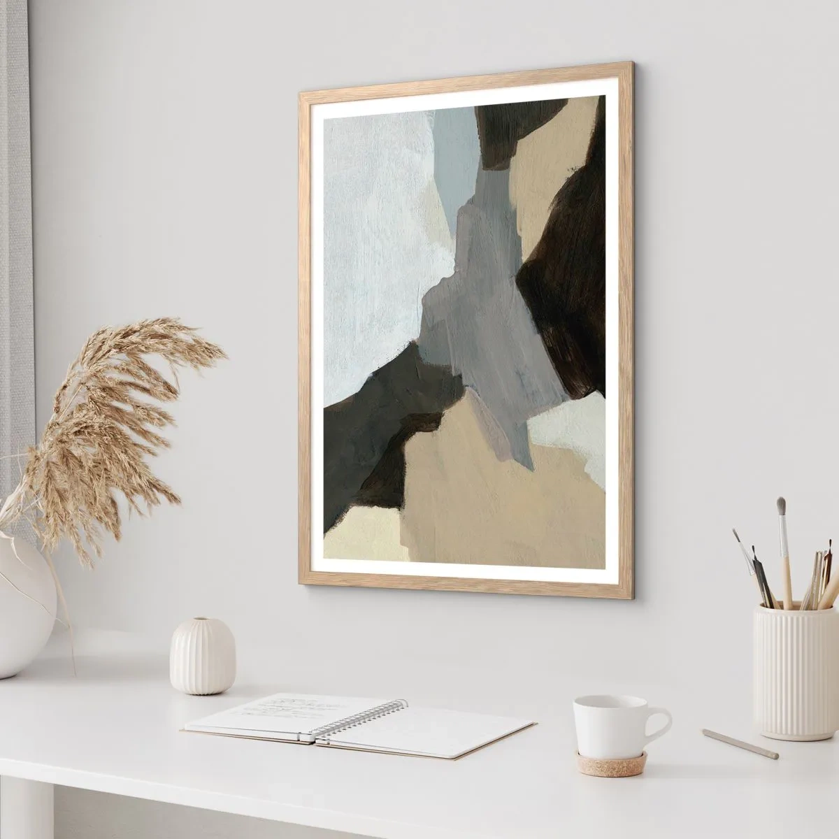 Poszter világos tölgy keretben - Absztrakció: a szürke elválasztásai - 50x70 cm