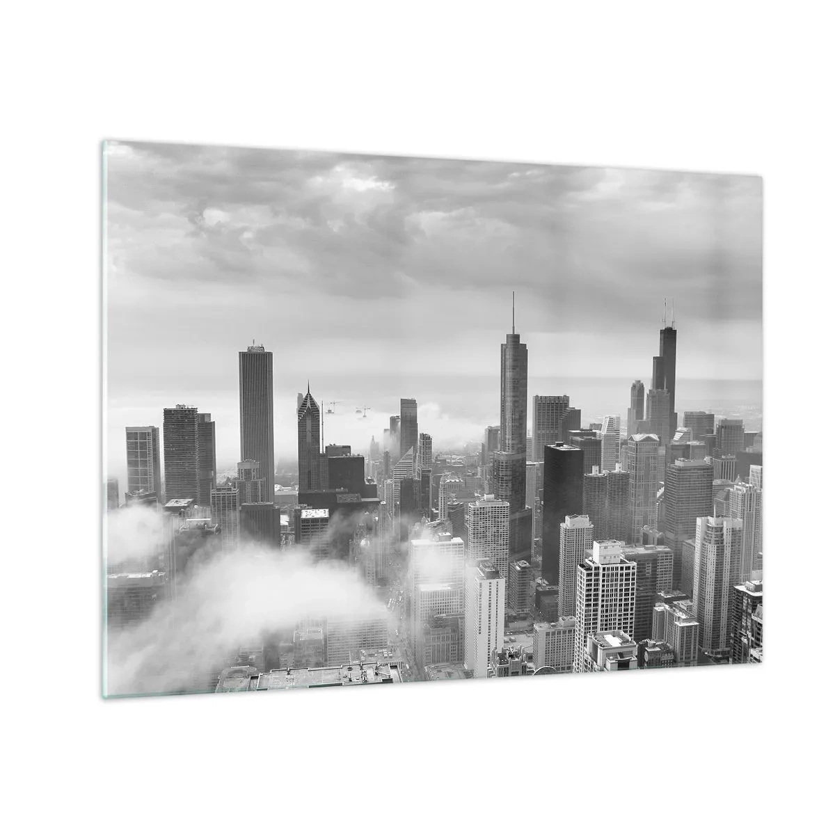 Üveg kép - Városi panoráma fekete-fehér felhőkarcolókkal - 70x50cm - Amerikai táj - Modern fali dekoráció nappalihoz és hálószobához ARTTOR