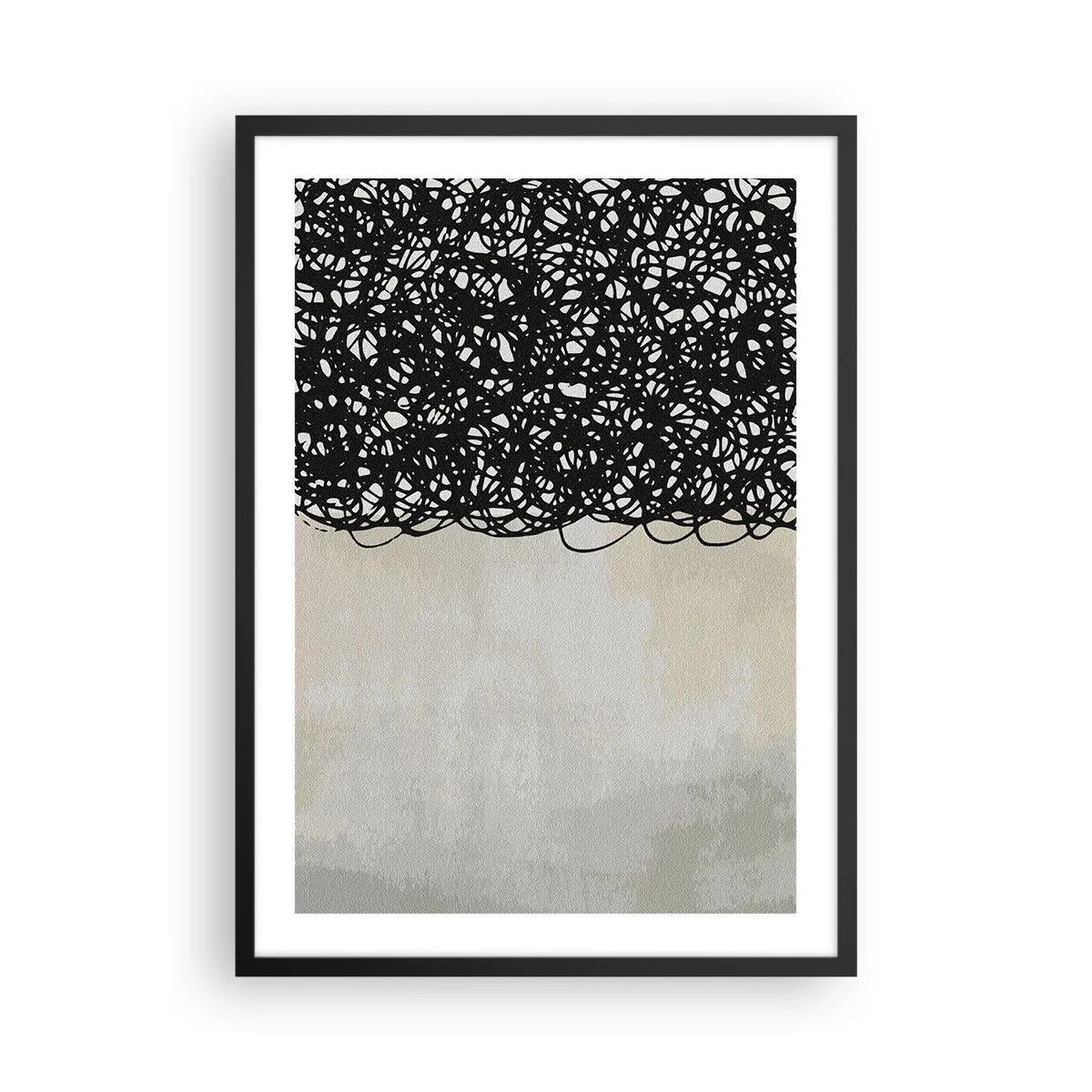 Poszter fehér keretben - Absztrakt kompozíció fekete vonalakkal világos háttéren - 50x70cm - Egy kavargó absztrakció - Modern fali dekoráció nappalihoz és hálószobához ARTTOR