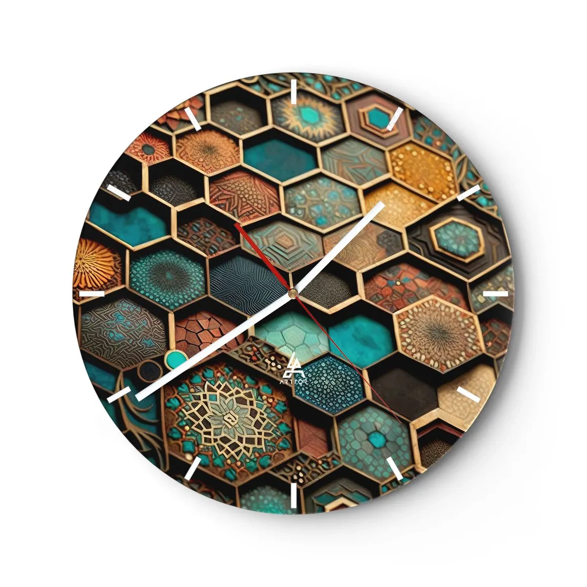 Falióra, Óra - Többszínű hatszögek keleti mintákkal - 30x30cm - Arab ornamentika - egy variáció - Modern fali dekoráció nappalihoz, konyhához és hálószobához ARTTOR
