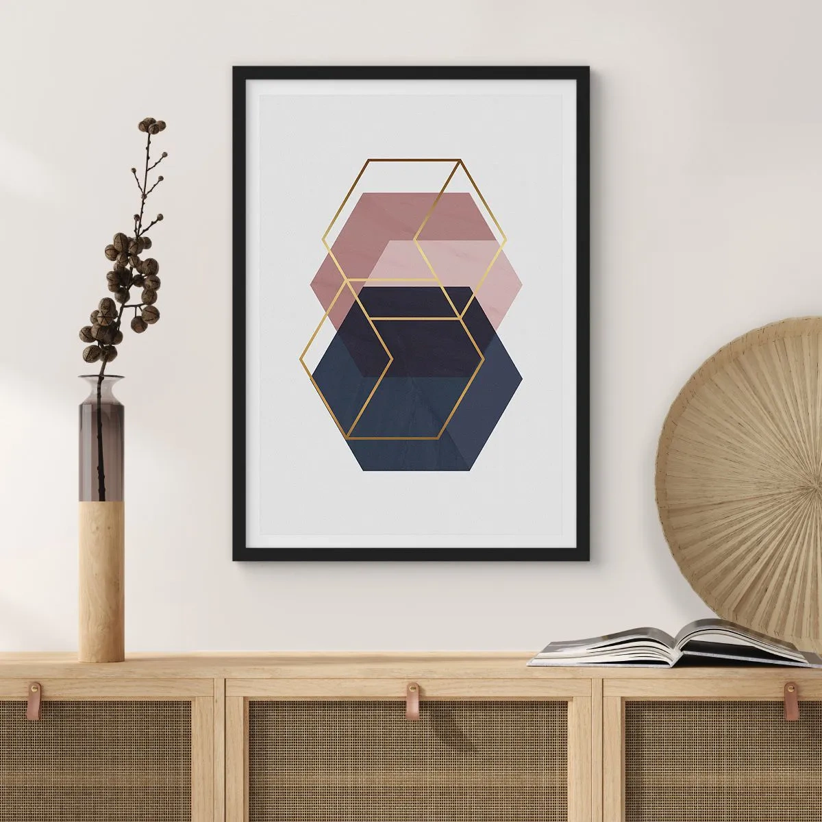 Poszter fehér keretben - Arany geometriai alakzatok sötétkék és rózsaszín árnyalatú háttéren - 50x70cm - Az egyszerűség ereje - Modern fali dekoráció nappalihoz és hálószobához ARTTOR