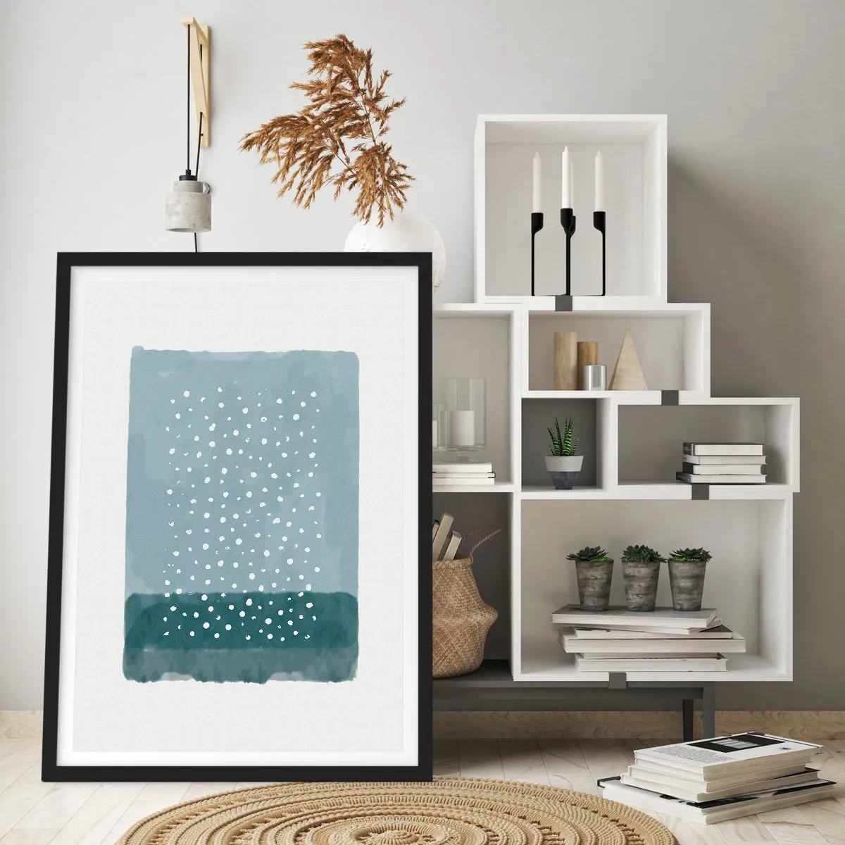 Poszter fehér keretben - Egy absztrakt kompozíció fehér pöttyökkel kék alapon. - 50x70cm - Kéken nőtt - Modern fali dekoráció nappalihoz és hálószobához ARTTOR