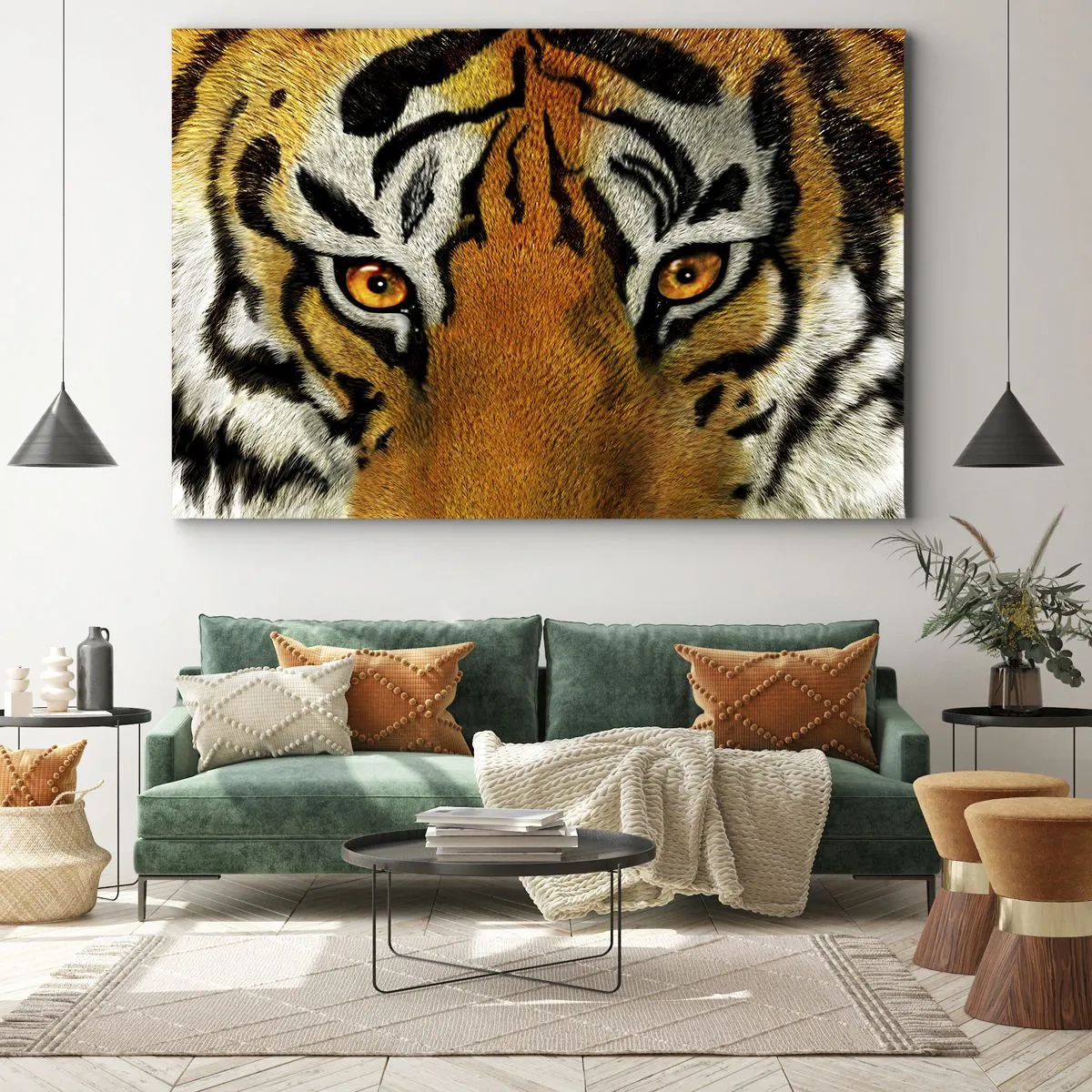 Vászonkép - Tigris közeli portréja intenzív tekintettel - 70x50cm - Szörnyű és gyönyörű - Modern fali dekoráció nappalihoz és hálószobához ARTTOR