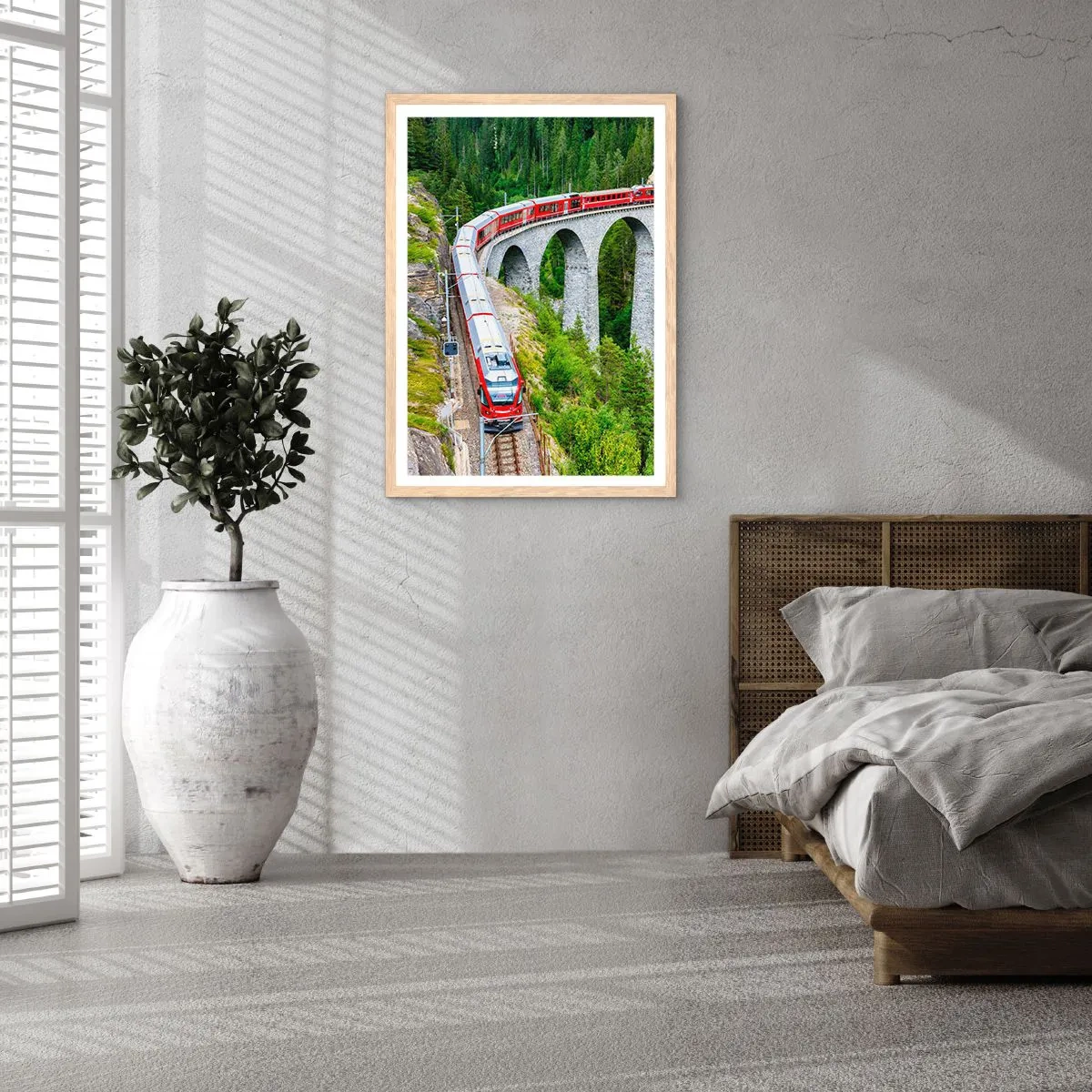 Poszter világos tölgy keretben - Vasút hegyi kilátással - 70x100 cm