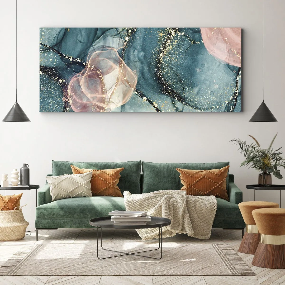 Vászonkép - Selyemkék, tüll rózsaszín - 100x40 cm