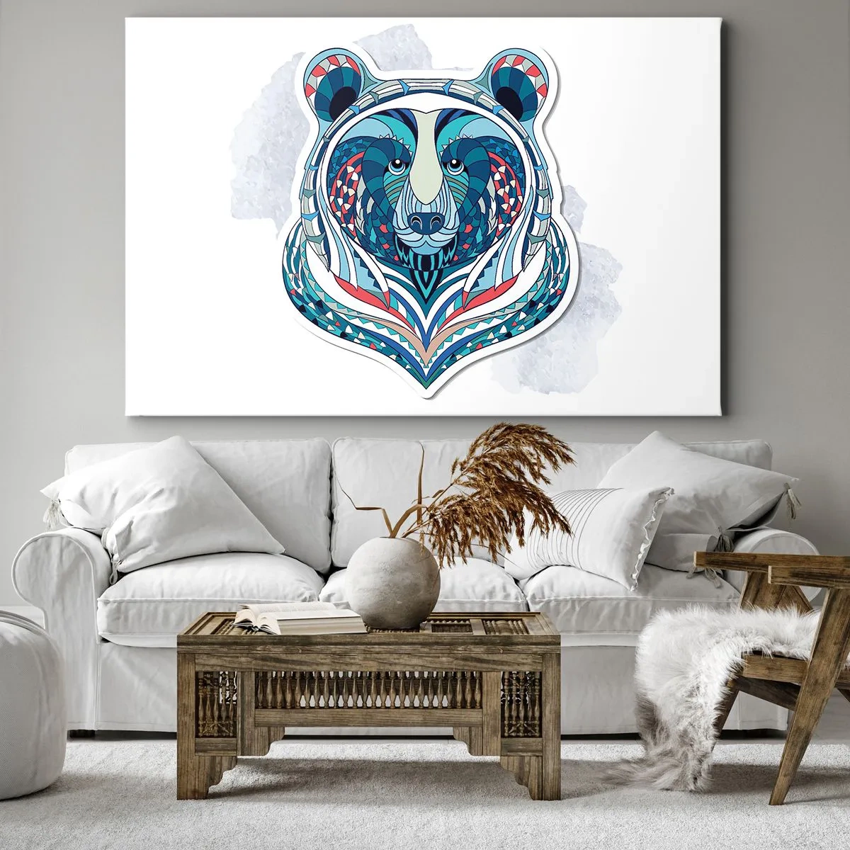 Vászonkép - Geometrikus medve kék és piros árnyalatokban - 70x50cm - Eviva Grenlandia! - Modern fali dekoráció nappalihoz és hálószobához ARTTOR