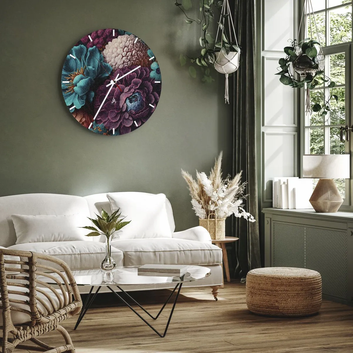 Falióra, Óra - Gazdag, sötét és türkiz virágokból álló csokor részletekkel - 30x30cm - A természet bőségében - Modern fali dekoráció nappalihoz, konyhához és hálószobához ARTTOR