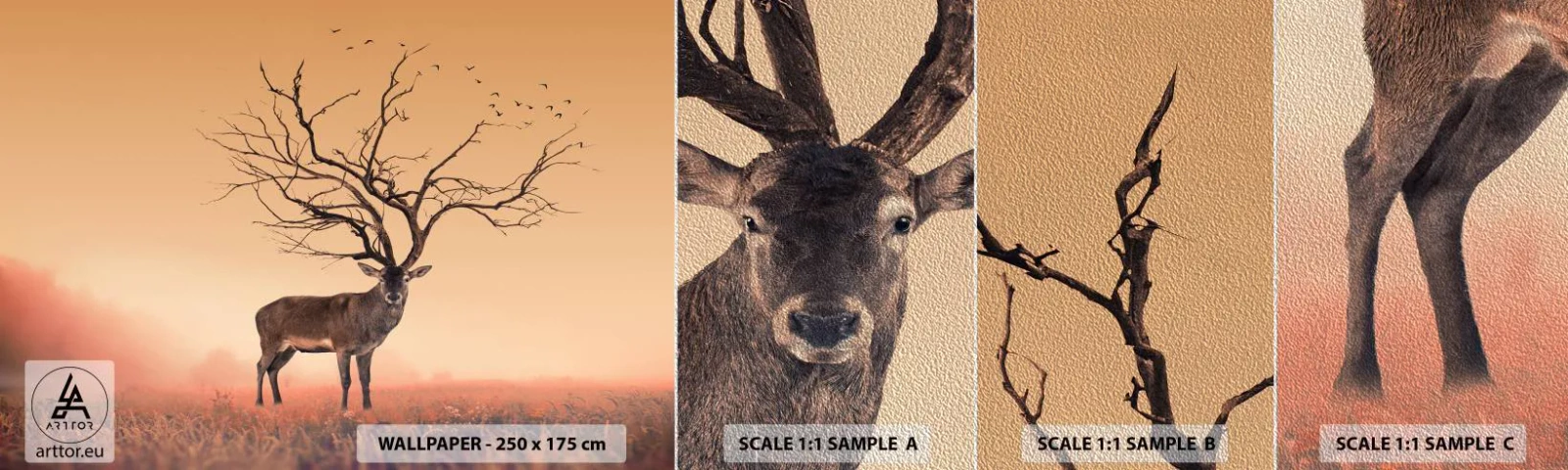 Fotótapéta Minta Premium Sand - Ős szarvas - az erdő örök szelleme - Absztrakció, Szarvas, Természet - 100x30 cm