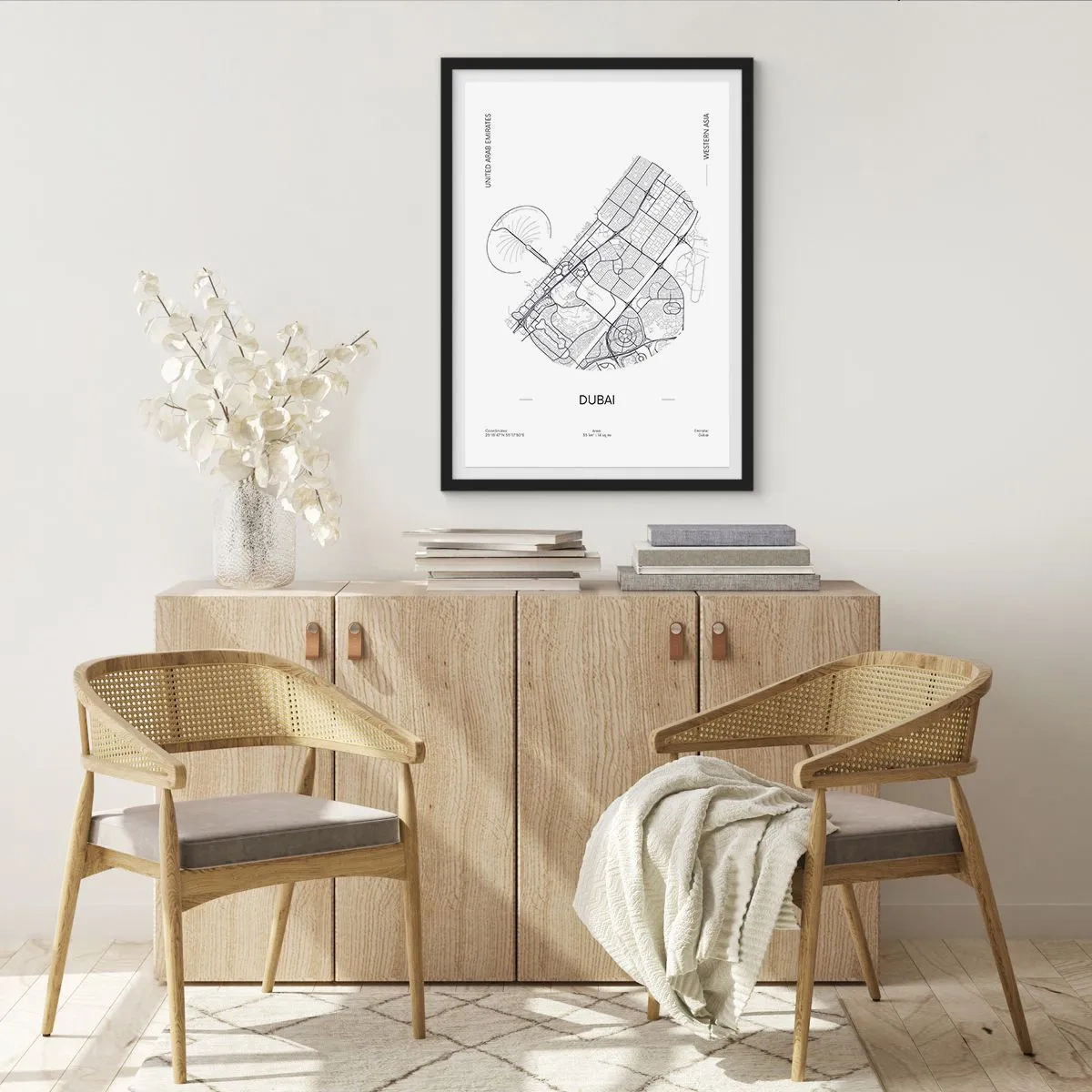 Poszter fehér keretben - Minimalista fekete-fehér térkép Dubaiból - 50x70cm - Dubai anatómiája - Modern fali dekoráció nappalihoz és hálószobához ARTTOR