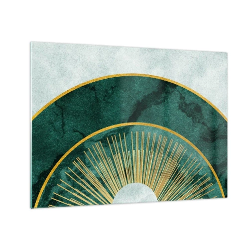 Üveg kép - Arany sugarak zöld félkörök hátterében, márvány szerkezettel - 70x50cm - Egy másik naprendszer - Modern fali dekoráció nappalihoz és hálószobához ARTTOR