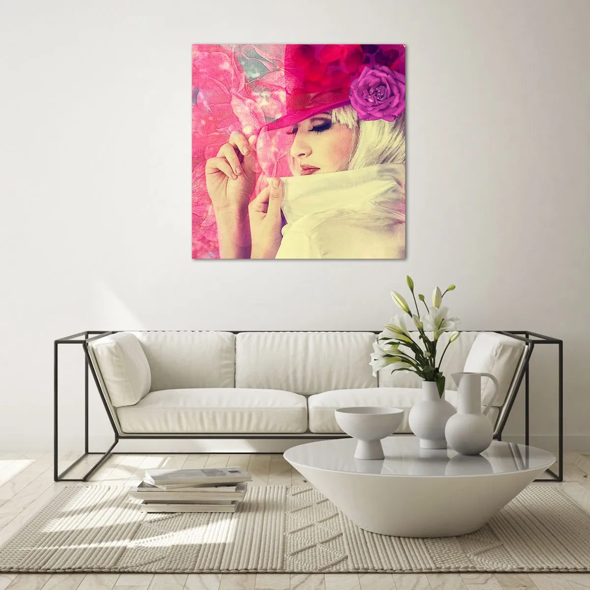 Üveg kép - Retro portré rózsaszín ködben - 70x70 cm