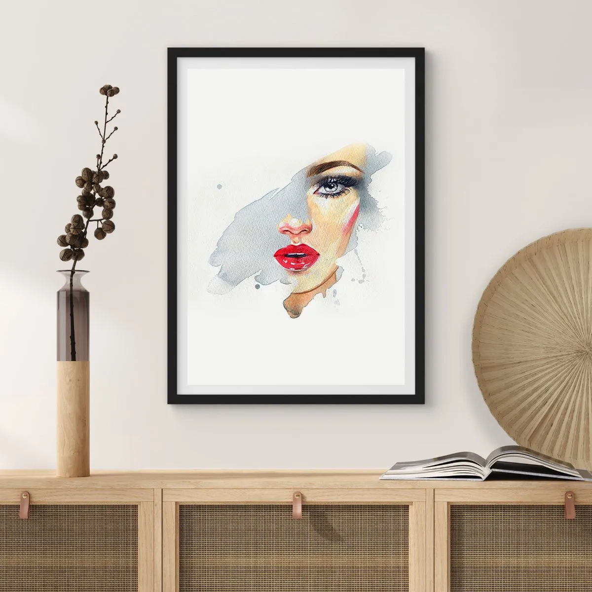 Poszter fehér keretben - Akvarell portré egy nőről, piros ajkakkal - 50x70cm - Egy vízcsepp tükörkép  - Modern fali dekoráció nappalihoz és hálószobához ARTTOR