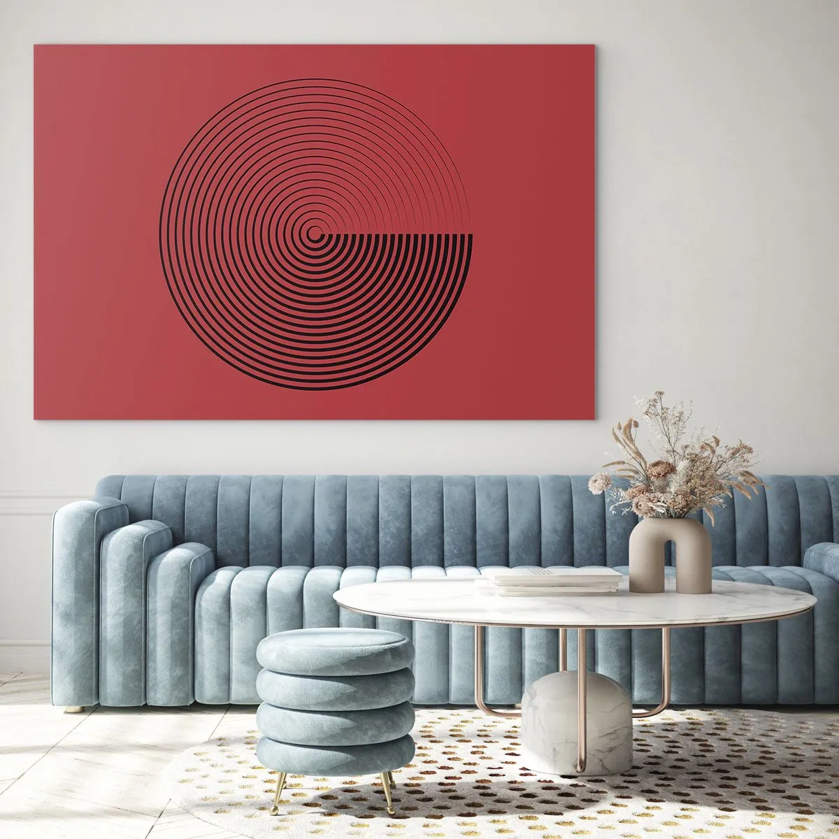Üveg kép - Fekete koncentrikus körök piros alapon - 70x50cm - Körkörös mozgás - Modern fali dekoráció nappalihoz és hálószobához ARTTOR