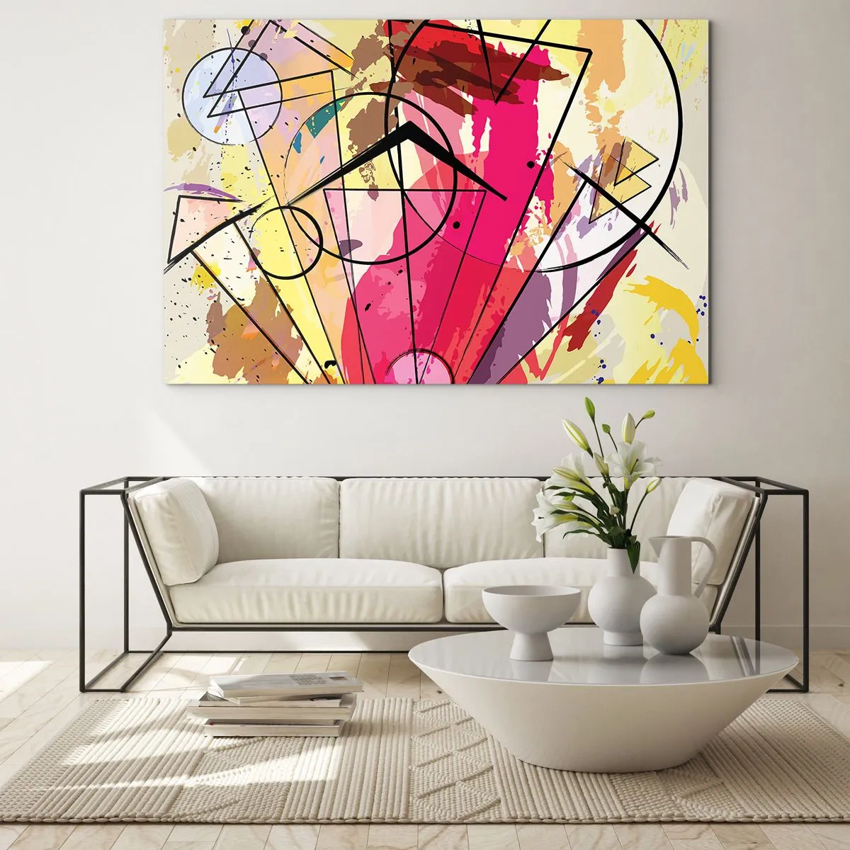 Üveg kép - Színes absztrakció geometrikus mintákkal és vonalakkal - 70x50cm - Robbanás - Modern fali dekoráció nappalihoz és hálószobához ARTTOR