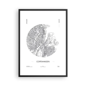 Poszter fehér keretben - Koppenhága minimalista fekete-fehér térképe. - 50x70cm - Koppenhága anatómiája - Modern fali dekoráció nappalihoz és hálószobához ARTTOR