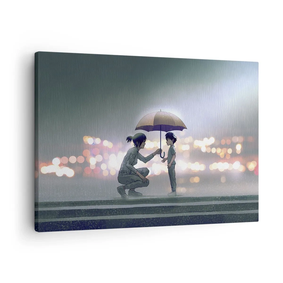 Vászonkép - Egy esernyős alak védi a gyermeket az éjszakai fények hátterében. - 70x50cm - És most minden rendben - Modern fali dekoráció nappalihoz és hálószobához ARTTOR