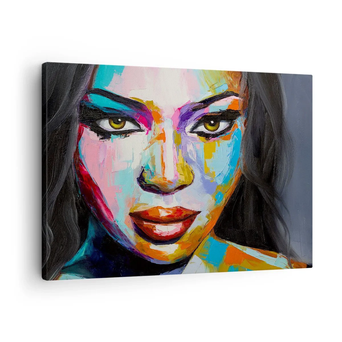 Vászonkép - Egy intenzív tekintetű nő színes portréja - 70x50cm - Lehetetlen levenni a tekintetet - Modern fali dekoráció nappalihoz és hálószobához ARTTOR