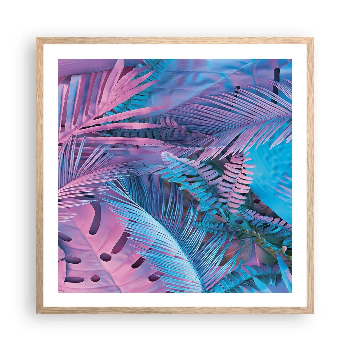 Poszter világos tölgy keretben - Trópusok rózsaszínben és kékben - 60x60 cm