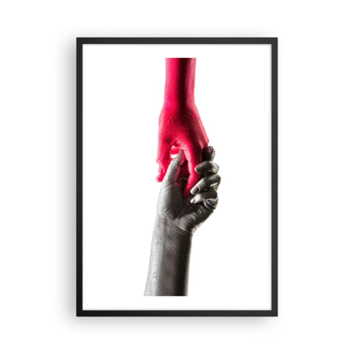 Poszter fehér keretben - Szimbolikus kezek piros és ezüst színben fehér alapon - 50x70cm - Együtt, bár mások - Modern fali dekoráció nappalihoz és hálószobához ARTTOR