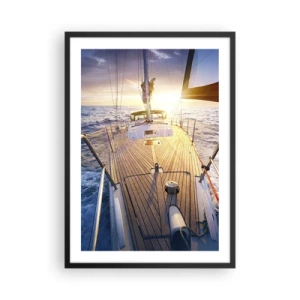Poszter fehér keretben - Yacht fedélzet óceánra és naplementére néző kilátással - 50x70cm - Futás a hullámokon - Modern fali dekoráció nappalihoz és hálószobához ARTTOR