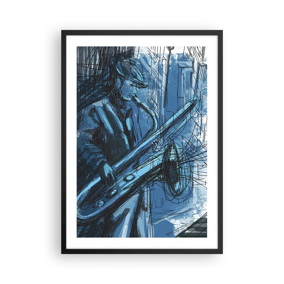 Poszter fehér keretben - Szaxofonon játszó zenész művészi vázlata - 50x70cm - Városi rapszódia - Modern fali dekoráció nappalihoz és hálószobához ARTTOR