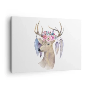 Vászonkép - Romantikus szarvas grafika virágokkal és tollakkal - 70x50cm - Lélekvezető – szelíd, ártatlan - Modern fali dekoráció nappalihoz és hálószobához ARTTOR