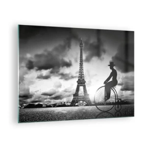 Üveg kép - Eiffel-torony retró biciklivel fekete-fehérben - 70x50cm - Belle Epoque hiánya - Modern fali dekoráció nappalihoz és hálószobához ARTTOR