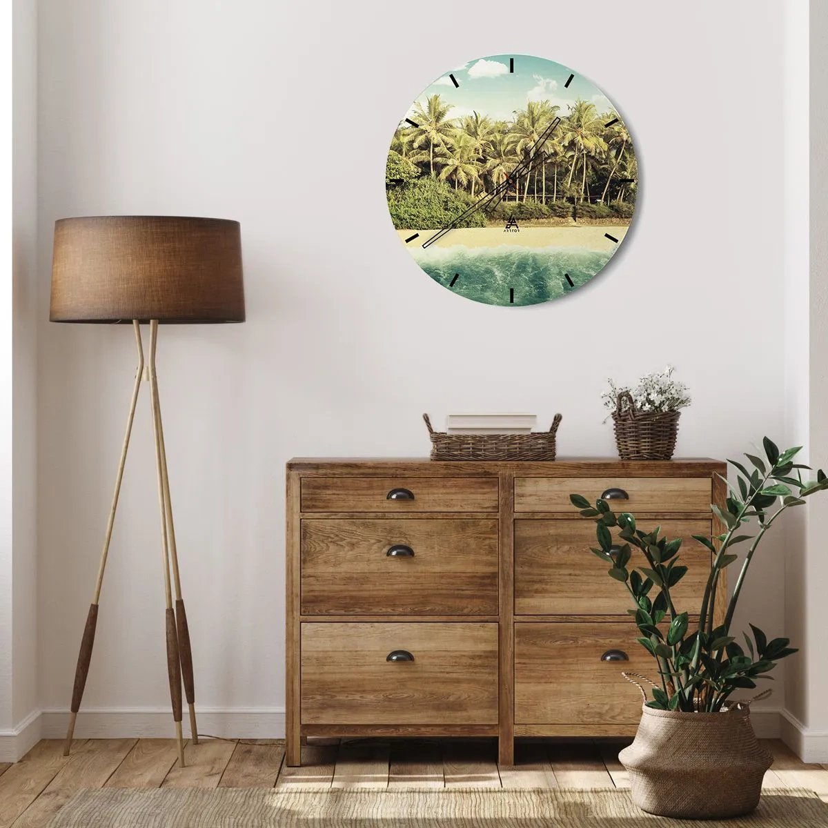 Falióra, Óra - Egy tengerpart pálmafákkal és türkizkék tengerrel a háttérben - 30x30cm - Talán itt? - Modern fali dekoráció nappalihoz, konyhához és hálószobához ARTTOR