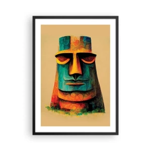 Poszter fehér keretben - Egy moai szobor színes értelmezése bézs háttér előtt - 50x70cm - Szoborszerű és mégis szimpatikus - Modern fali dekoráció nappalihoz és hálószobához ARTTOR