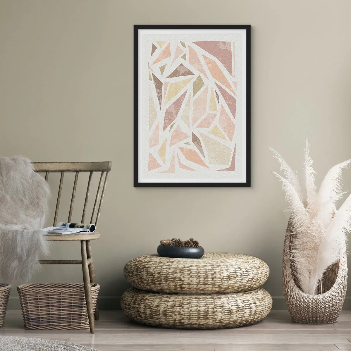 Poszter fehér keretben - Geometrikus absztrakció pasztell árnyalatokban - 50x70cm - Üvegfestmény kompozíció - Modern fali dekoráció nappalihoz és hálószobához ARTTOR