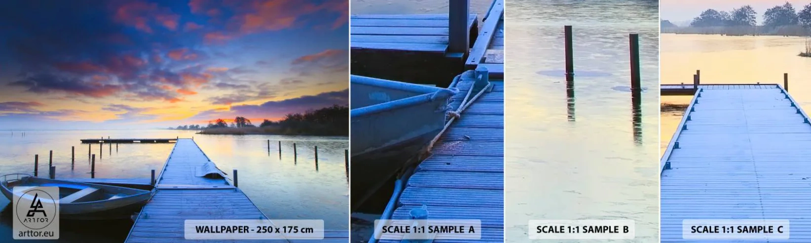 Fotótapéta Minta Standard Eco - Lila-arany nyugalom - Tájkép, Tó, Hajó - 100x30 cm