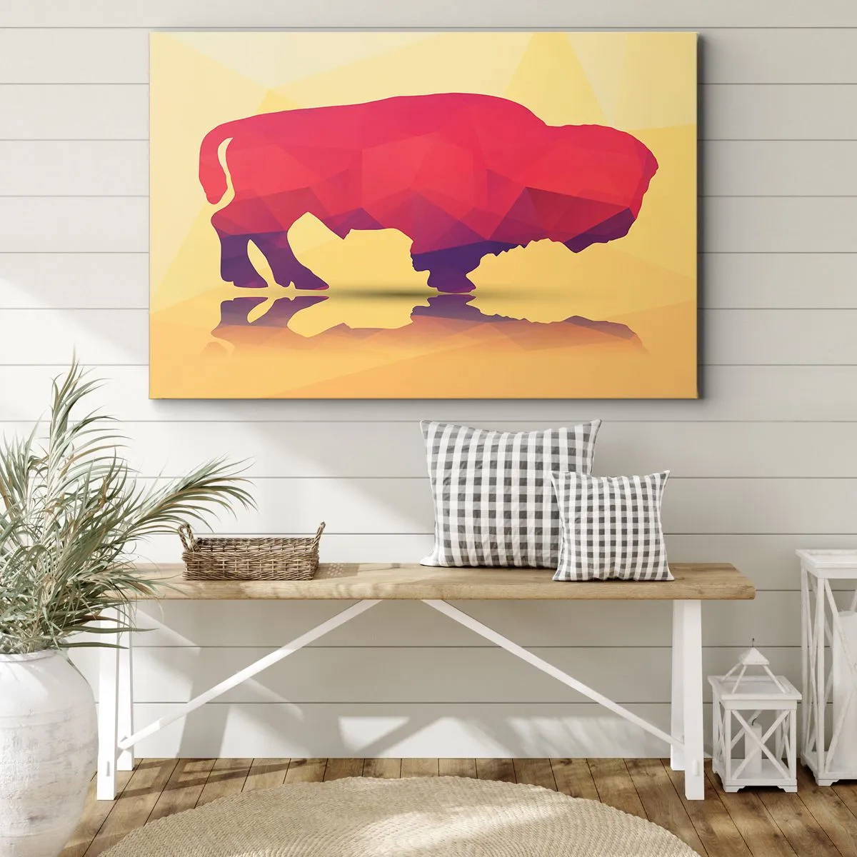 Vászonkép - Bölény geometrikus sziluettje vörös és lila árnyalatokban - 70x50cm - Az európai bölény amaránt erőssége - Modern fali dekoráció nappalihoz és hálószobához ARTTOR