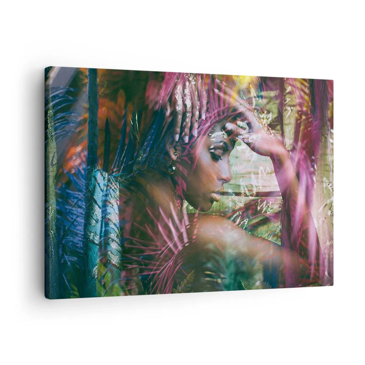 Vászonkép - Egzotikus növényzettel körülvett nő portréja - 70x50cm - Anyatermészet a dzsungelben - Modern fali dekoráció nappalihoz és hálószobához ARTTOR