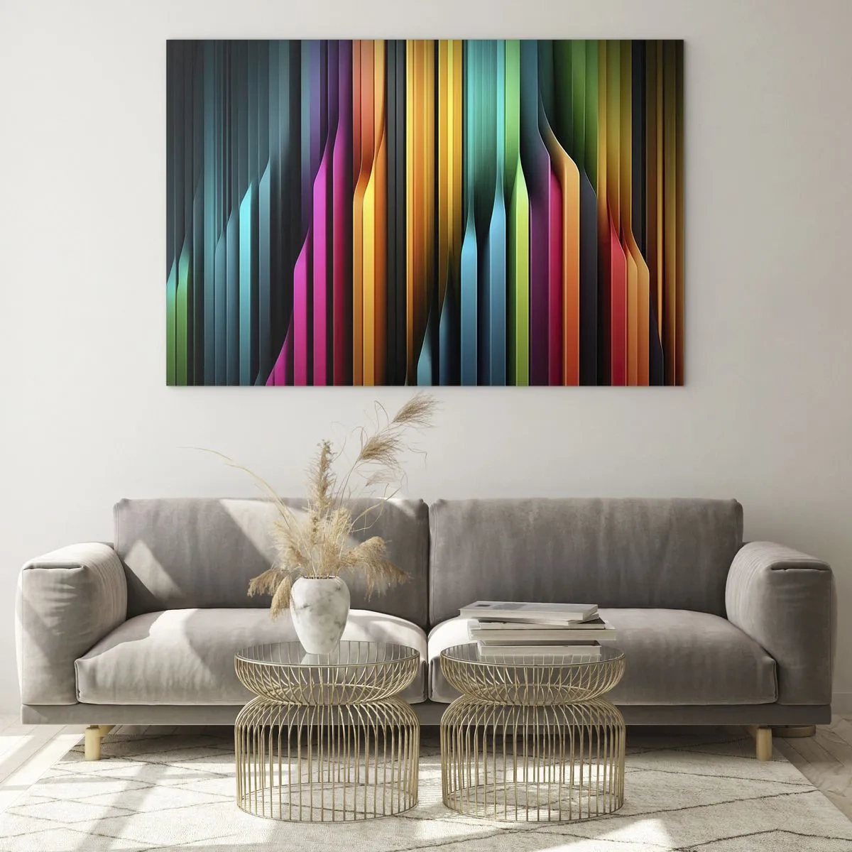 Üveg kép - Többszínű függőleges csíkok, amelyek a fényt és a mozgást idézik - 70x50cm - Fényorgonák - Modern fali dekoráció nappalihoz és hálószobához ARTTOR