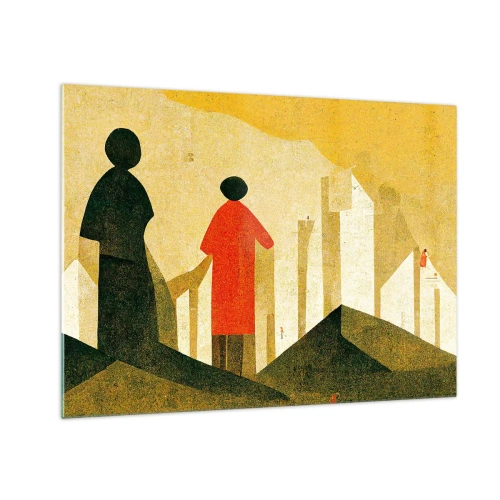 Üveg kép - Geometriai alakok sziluettjei magas formák között a sárga ég hátterében - 70x50cm - Még messze van - Modern fali dekoráció nappalihoz és hálószobához ARTTOR