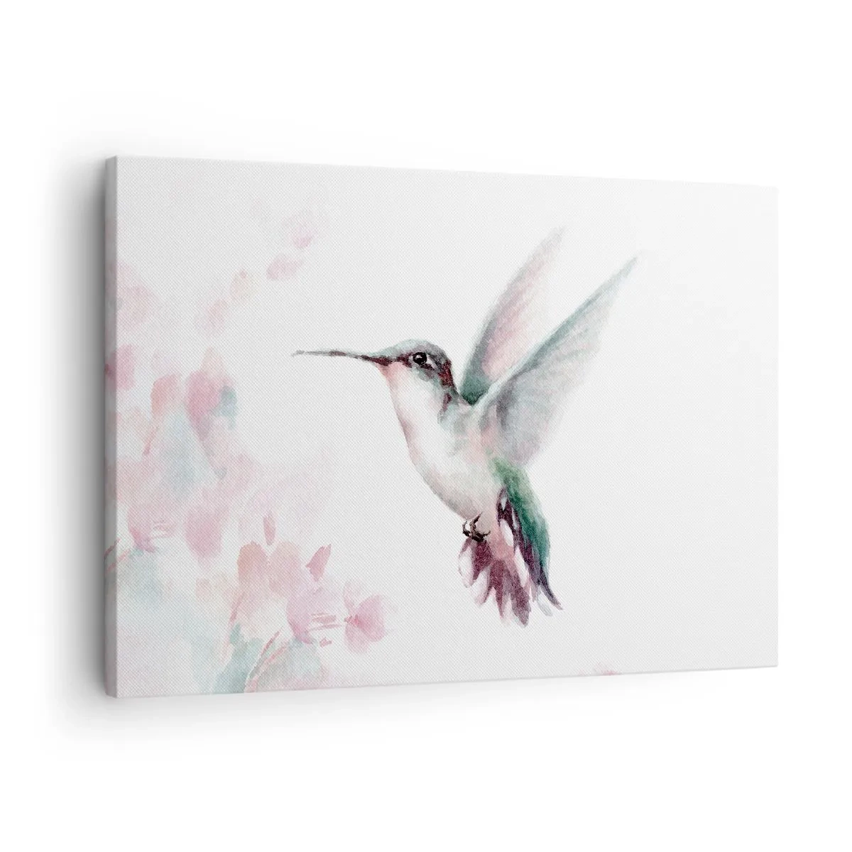 Vászonkép - Egy kolibri finom pasztell színekben, virágokkal tarkított háttér előtt - 70x50cm - Reptében lefagyva - Modern fali dekoráció nappalihoz és hálószobához ARTTOR
