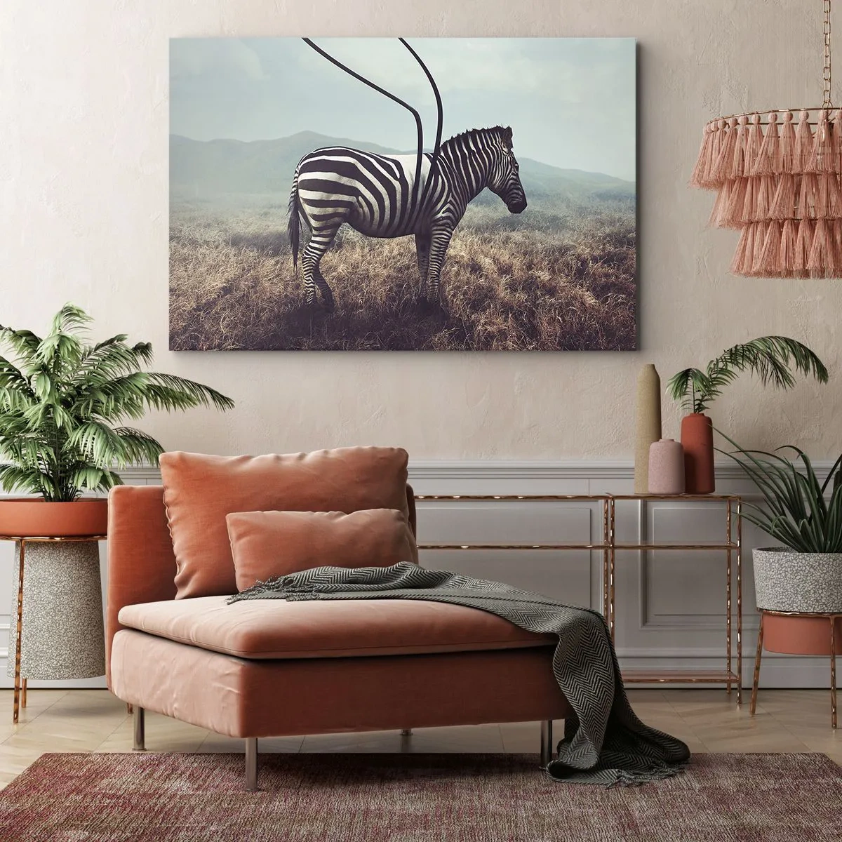 Vászonkép - Egy szürreális zebra egy füves tájon - 70x50cm - Figyelem! Hiba - Modern fali dekoráció nappalihoz és hálószobához ARTTOR