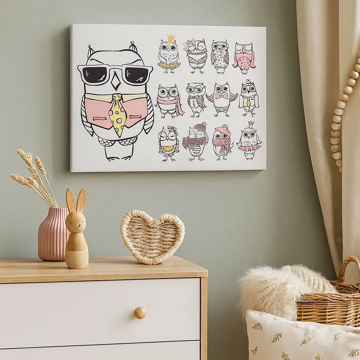 Vászonkép - Baglyok különböző stílusokban és ruhákban - 70x50cm - Annyi lejátszandó szerep - Modern fali dekoráció nappalihoz és hálószobához ARTTOR