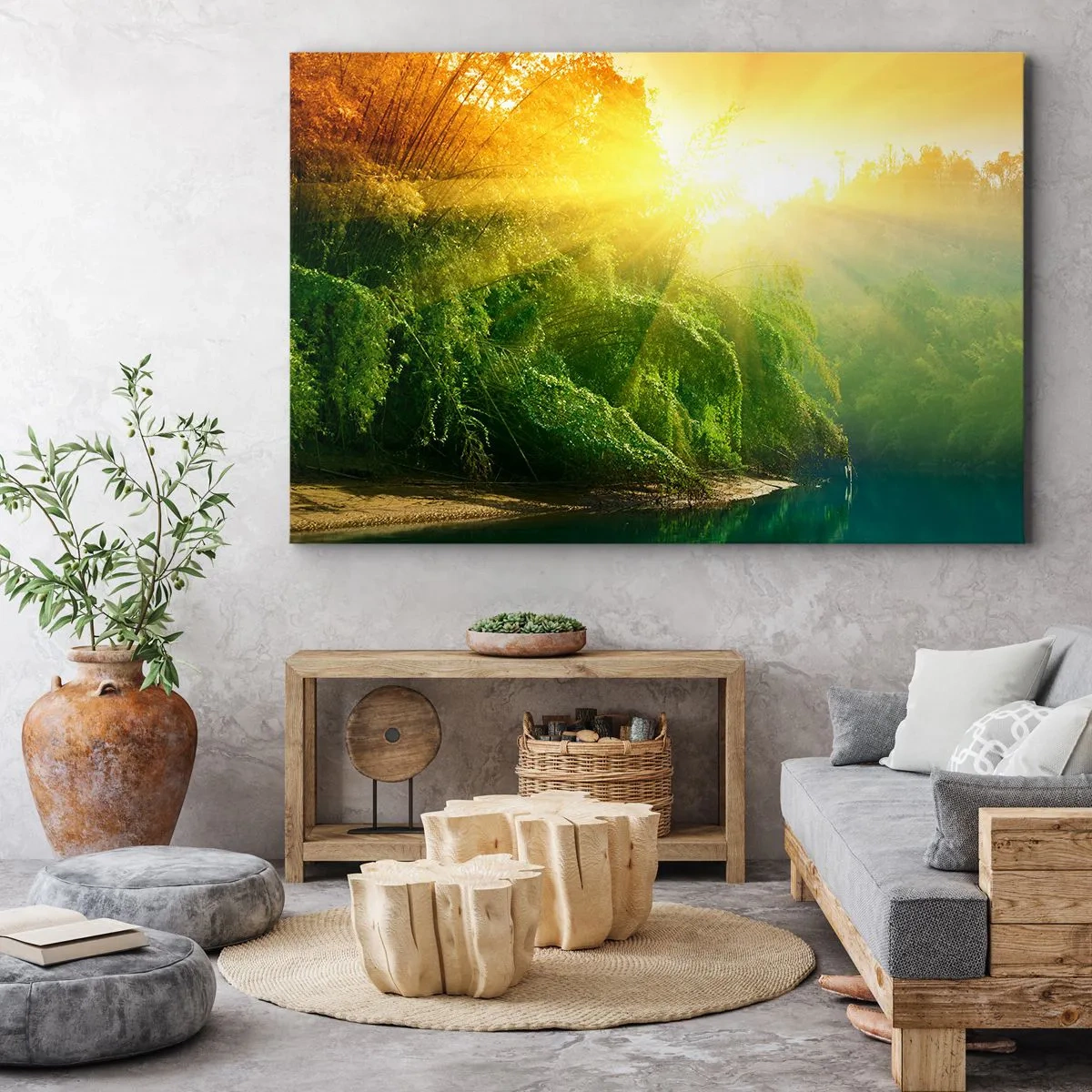 Vászonkép - Zöld erdő a folyóparton, a felkelő nap sugaraitól megvilágítva - 70x50cm - Elmerülni a napban és az árnyékban - Modern fali dekoráció nappalihoz és hálószobához ARTTOR