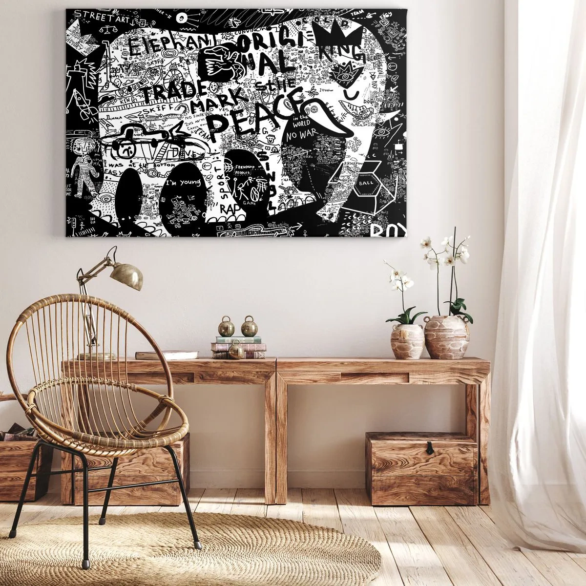 Vászonkép - Fekete-fehér grafika graffiti motívumokkal - 70x50cm - Gazdag utcavilág - Modern fali dekoráció nappalihoz és hálószobához ARTTOR