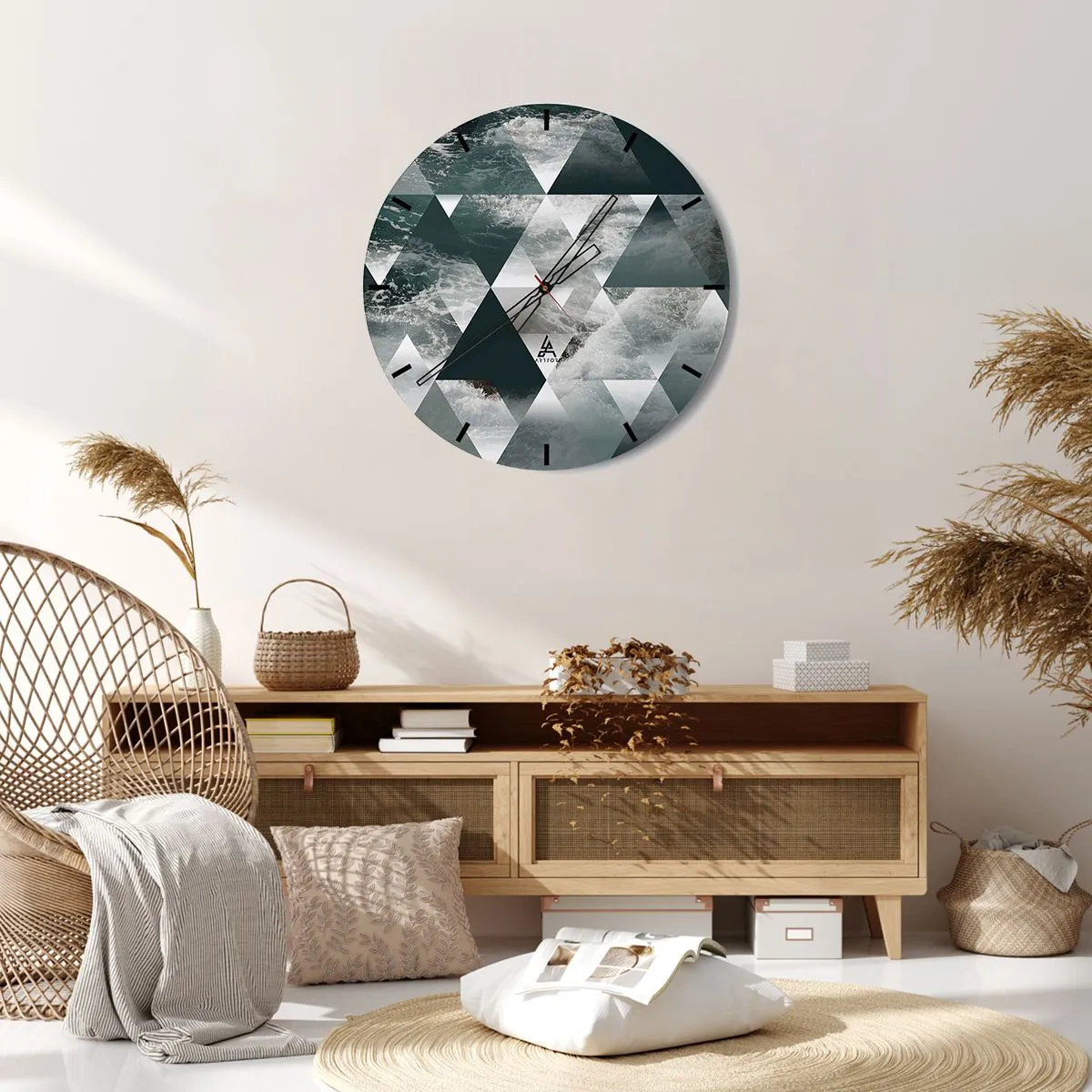 Falióra, Óra - Geometrikus háromszögek viharos óceán motívummal - 30x30cm - Kristály perspektíva - Modern fali dekoráció nappalihoz, konyhához és hálószobához ARTTOR