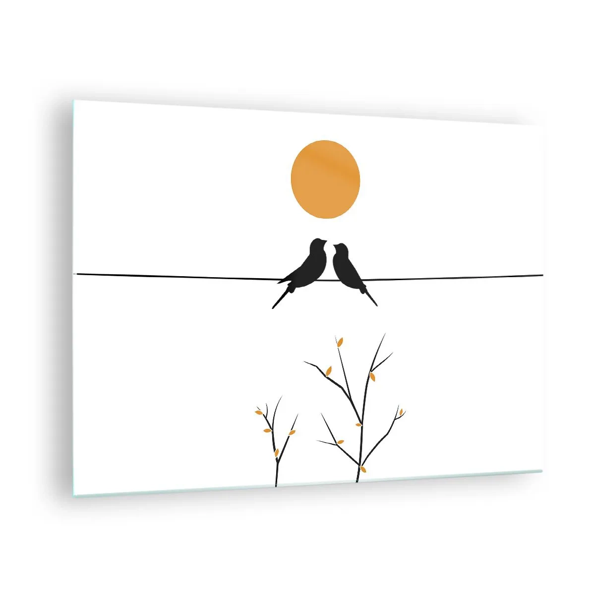 Üveg kép - Madarak a vonalon narancssárga nap alatt - 70x50cm - Fülemüle este - Modern fali dekoráció nappalihoz és hálószobához ARTTOR